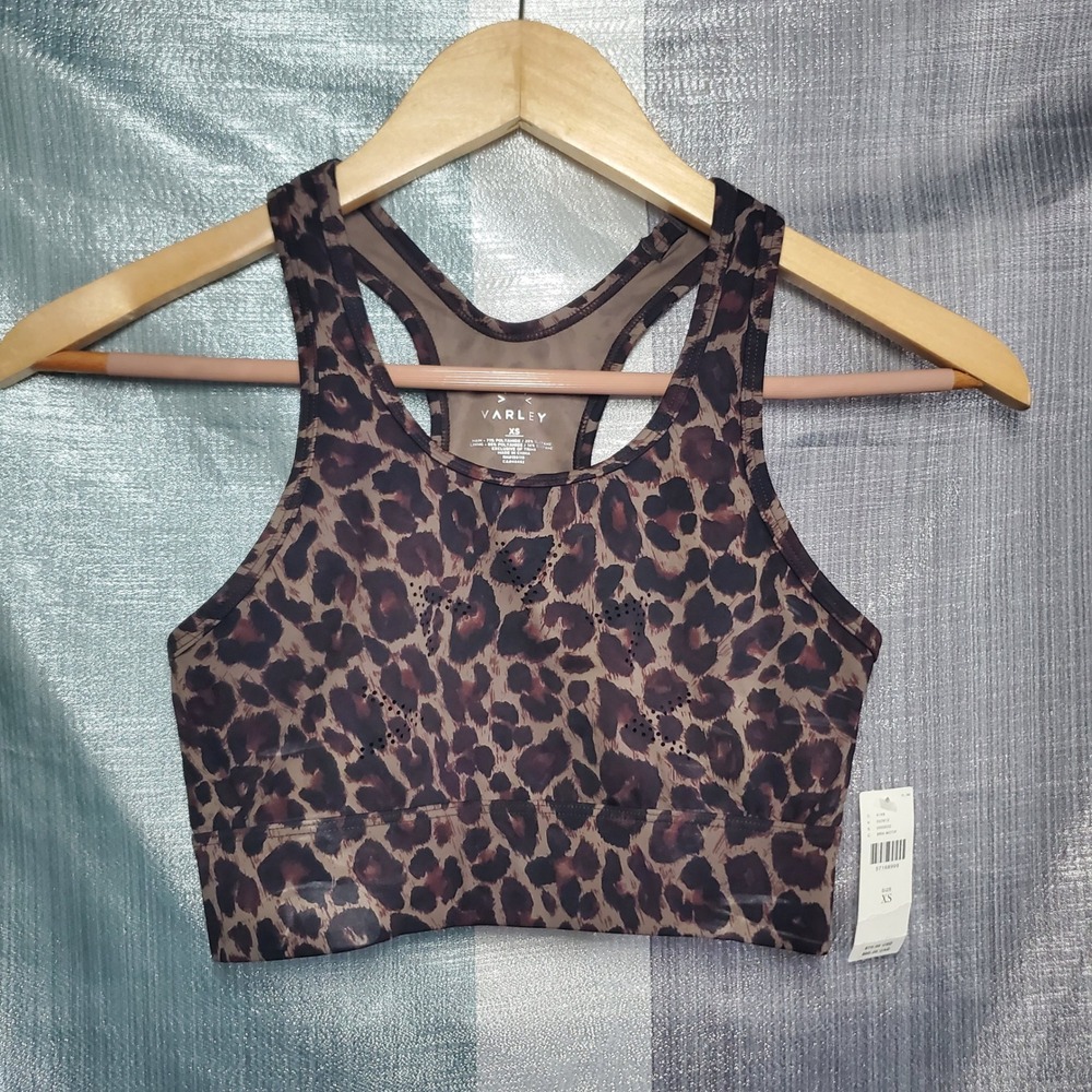 Varley Anthropologie Leopard Print Racerback Sports Bra Brown Motif XS NWT